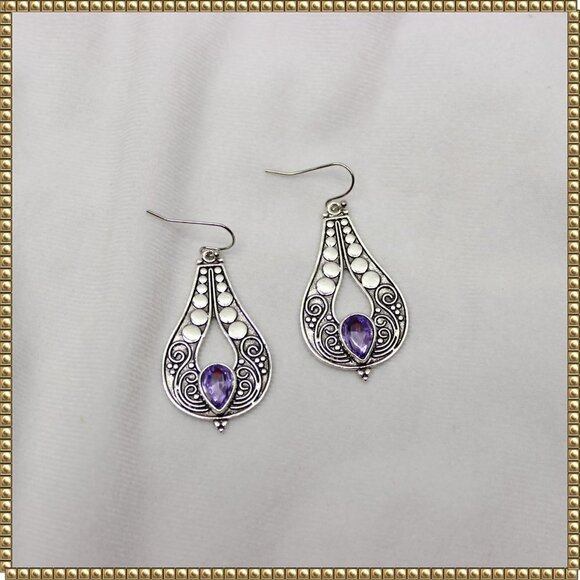 Silver Water Drop Purple Boho Statement Earrings - Picture 2 of 3